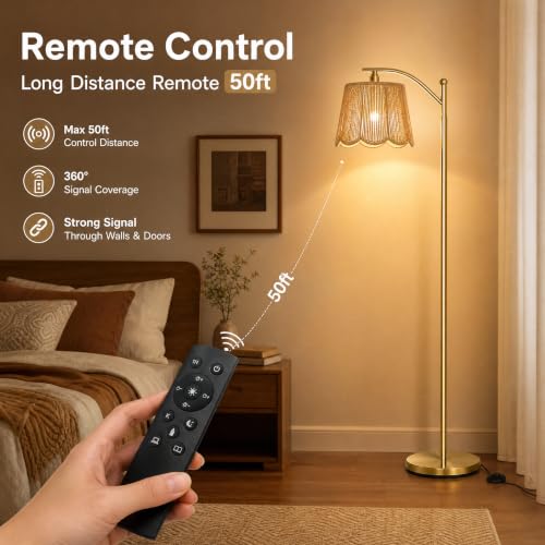 Image of Rattan Boho Arc Floor Lamp with Flower-Inspired Shade & 50FT Remote Control