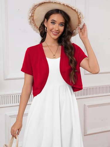 Heymoments Women's Short Sleeve Shrugs Red X-Large Lightweight V-Neck Open Front Cropped Cardigan Knitted Bolero Sweaters Elegant Dresses Cover Up — view 3