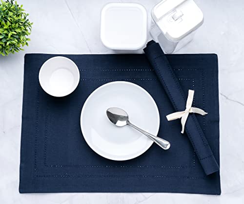 Set Of 6 Hemstitch Navy Blue Placemats 13X18, Cloth Placemats, Cotton Machine Washable Durable Table Mats, Heat Resistant Placemat Wrinkle Free Place Mats For Dining Table, Easy To Clean (Navy Blue) #TOP2