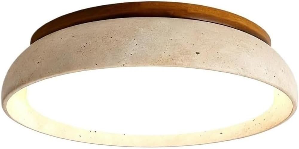 Modern Round Flush Mount Ceiling Light Japanese Travertine Wood Ceiling Lamp Nordic Minimalist Low Profile Close to Ceiling Light for Bedroom Living Room Hallway Study(16.92inches)