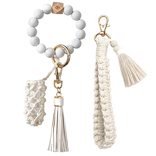Chiwutech 2 Pack Boho Macrame Keychain, Silicone Beaded Key Ring Lanyard Wristlet Bracelet, Handmade Braided Lipstick Holder (White) #TOP20