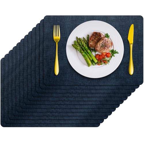 Placemats Set of 12 Washable, Heat Resistant Table Placemats Wipeable Faux Leather Place Mats Non Slip, Waterproof Square Table Mats for Indoor Outdoor, Dark Blue