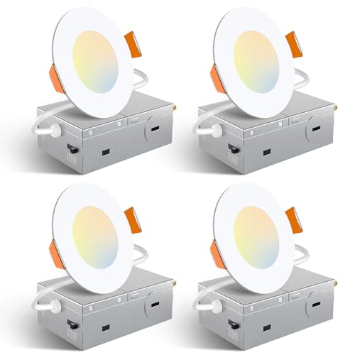 Amico 4 Pack 3 Inch 5CCT Ultra-Thin LED Recessed Ceiling Light with Junction Box 2700K/3000K/3500K/4000K/5000K Selectable 7W Eqv 60W 500LM Brightness Dimmable Canless Wafer Downlight ETL