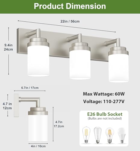 Image of Bathroom Light Fixtures, Brushed Nickel Bathroom Lighting Fixtures Over Mirror, Modern Vanity Light with White Glass Shade, Restroom Lighting Fixtures, 3-Light 22-inch
