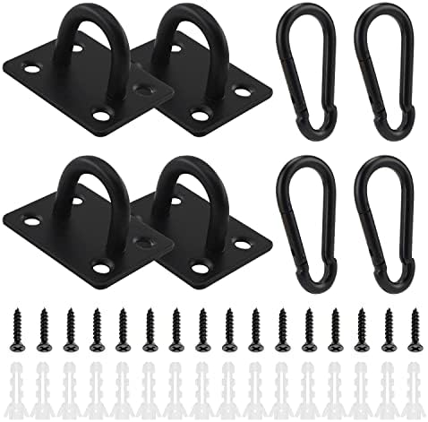 Joosexin 4 Set M6 Oblong Pad Eye Plate and Carabiner Clips U-shaped Stainless Steel Staple Hook Loop Suspension Ceiling Hook Loop with Screws and Plastic Plugs Eye Plate Black Marine Hardware