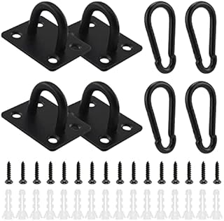 Joosexin 4 Set M6 Oblong Pad Eye Plate and Carabiner Clips U-shaped Stainless Steel Staple Hook Loop Suspension Ceiling Hook Loop with Screws and Plastic Plugs Eye Plate Black Marine Hardware