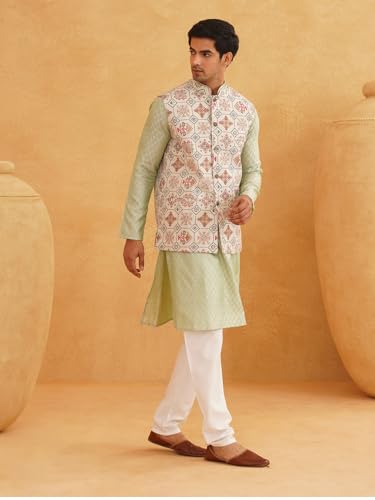 Image of SOJANYA (Since 1958 Men's Silk Blend Self Design Pista Green Kurta With Pyjama & Cream Nehru Jacket