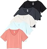 5 Pack Set Womens Short Sleeve Crop Tops Workout Top Tees T Shirts Dry Fit V Neck Summer Running Gym Yoga Active Cropped
