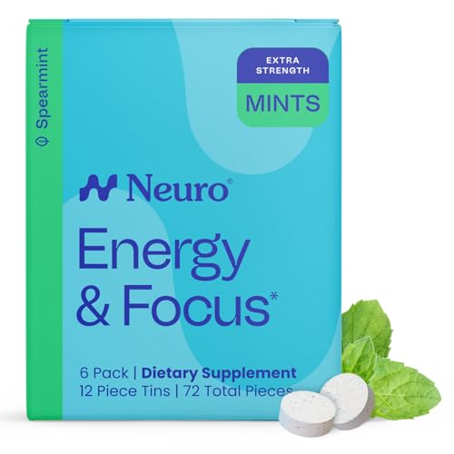 Neuro Energy & Focus Mints, Extra Strength - Sugar Free Breath Mints with 100mg Natural Caffeine, B Vitamins & L-Theanine - Vegan Brain Supplement for Exercise, Study & Daily Focus - Spearmint, 72 ct