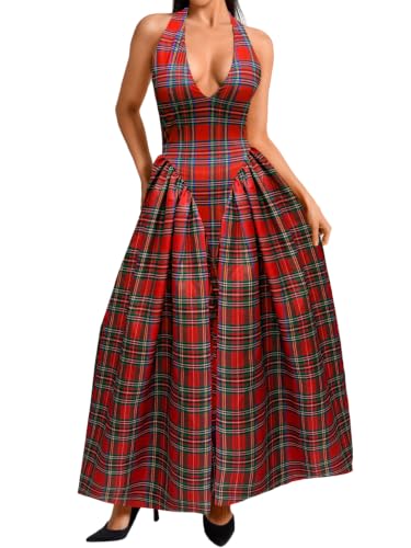 Image of ChiaoLezhee Deep V Neck Dress, Halter Maxi Dresses, Vacation Date Night, Sexy for Women Corset Flowy Wedding Guest Drop Waist