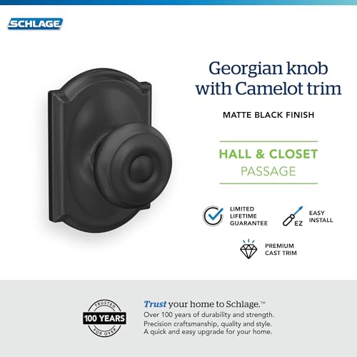 Image of Schlage F10 GEO 622 CAM Georgian Door Knob with Camelot Trim, Hall & Closet Passage Lock, Matte Black