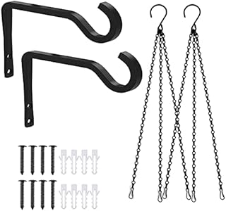 Hanging Basket Bracket, POTWPOT 2 Pack Wall Hanging Basket Bracket with 2 Pack Metal Hanging Chain Heavy Duty Wall Hanging Brackets Hooks for Flower Basket Plants Bird Feeders Lanterns Wind Chimes