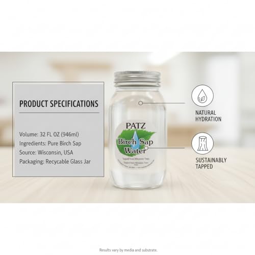 Patz Birch Sap Water - 32 oz Jar, All Natural Hydration Tap from Wisconsin Trees