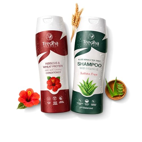 Image of Tredha Aloe Vera & Tea Tree Shampoo with Vitamin E (200ml) + Hibiscus Conditioner (180ml) | Anti-Dandruff & Frizz Control | Smooth, Silky & Hydrated Hair | Herbal Moisturizing Care Combo
