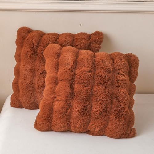LIFEREVO 2 Pieces Fluffy Faux Rabbit Fur Throw Cushion Covers Luxury Plush Shaggy 45x45cm Bubble Square Pillow Cases with Zipper Decorative Furry Pillow Shams for Bed Couch Sofa Chair Burnt Orange