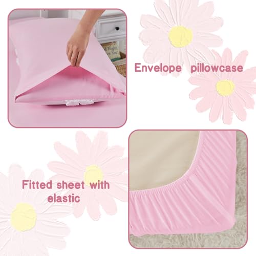 Image of Toddler Bedding Set for Girls 4-Piece Pink Boho Tufted Daisy Flowers Toddler Comforter Set Bed-in-a-Bag Toddler Sheets Bedroom Set with Toddler Comforter, Flat Sheet, Fitted Sheet, Pillowcase