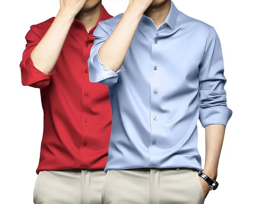 Image of DEELMO Combo of Men's Stylish Solid Satin Casual Shirt for Men Full Sleeves| Poly Satin Silk Shirt Pack of 2