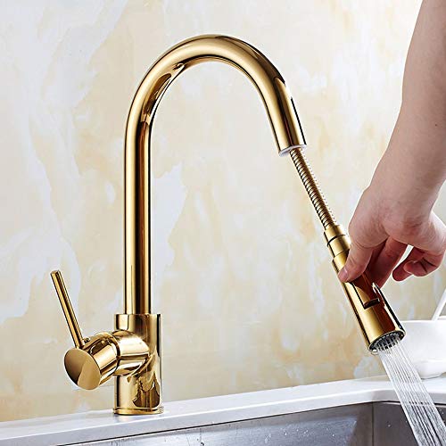 Grifo de cocina extraíble para eliminar salpicaduras con caño doble modo y acabado oro elegante 4