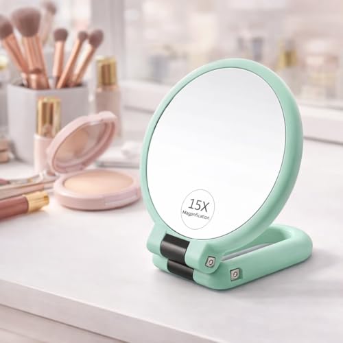 Image of Magnifying Mirror for Make Up Foldable Handheld with Magnification Desk Make Up Double Side Hand Held Folding Mirror Adjustable Handle Travel for Women (Black)