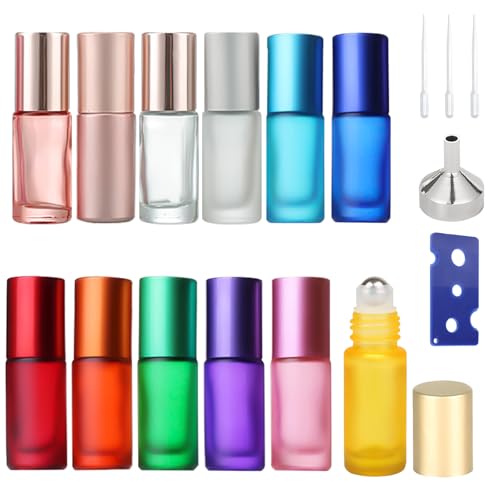 KASURE 12 Stück Roll On Glasflaschen für Ätherisches Öl mit Öffner, Trichter und Tropfer, 5ml Roll on Flasche Leer mit Edelstahl-Ball Bunt Rollon Flaschen Probe Glasflaschen für Ätherische Öle Parfums
