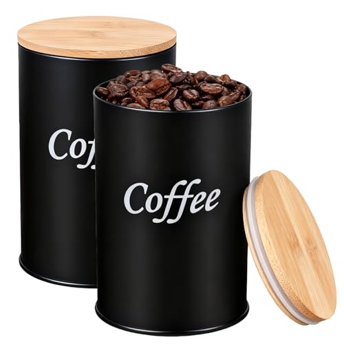 2 latas de café herméticas, 95 x 140 mm, recipientes con tapa de madera, redondos, recipientes de almacenamiento para café molido, cápsulas de café, té, nueces