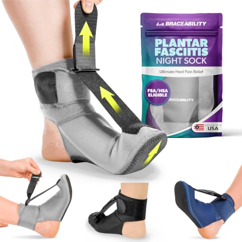 Image of BraceAbility Plantar Fasciitis Night Splint Sock - Plantar Fascia Boot for Sleeping, Achilles Tendonitis Relief, Foot Drop, Heel Pain - Planter Facetious Brace for Women and Men - Gray (S)