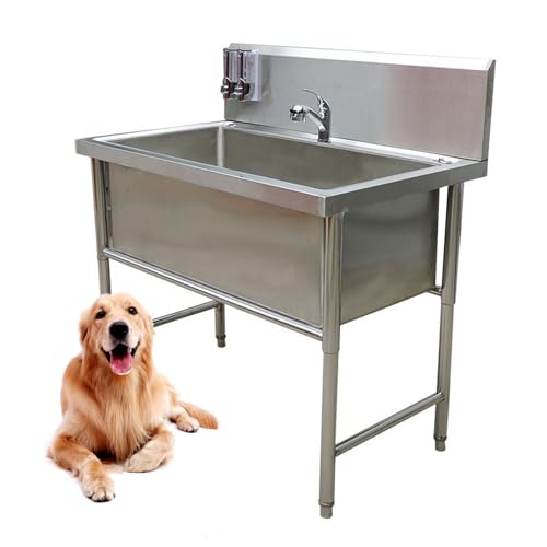 Station de lavage pour chien, baignoire de toilettage en acier inoxydable avec robinet et boîte à savon, accessoires inclus, baignoire pour animaux de compagnie pour chiens de petite
