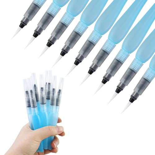 9 Stück Wasserpinsel Stifte, Kunststoff Leerer Wasserpinselstift,Wassertankpinsel mit Befüllbarer Wassertank Spitzer Malpinsel für Aquarellkunst und Malerei, Anfängermalerei