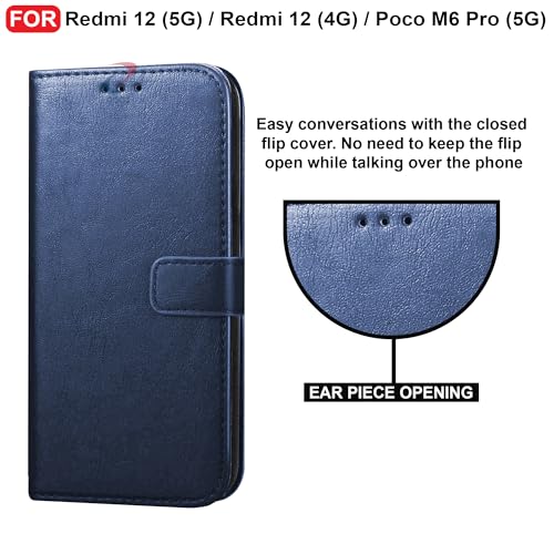 Image of CEDO Flip Cover for Redmi 12 (5G) / Redmi 12 (4G) / Poco M6 Pro (5G) | Leather Finish | Inside Pockets & Inbuilt Stand | Shockproof Wallet Style Magnetic Closure Back Case Flipcover (Blue)