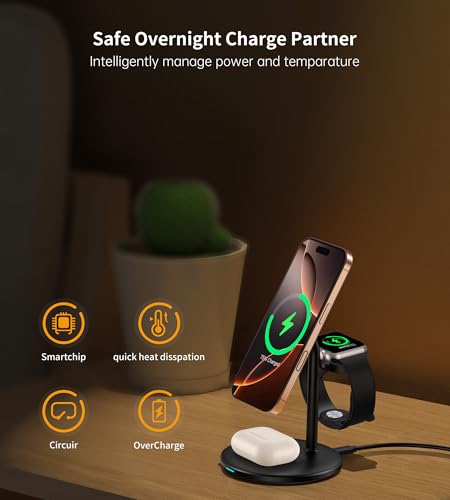 Image of XooFly 3 in 1 Wireless Charging Station for Apple Devices, Fast Wireless Mag-Safe Charger Stand with 20W Adapter for iPhone 17 /16 15 14 13 12 Pro Max /Pro /Plus /Air /Mini, iWatch, AirPods (Black)
