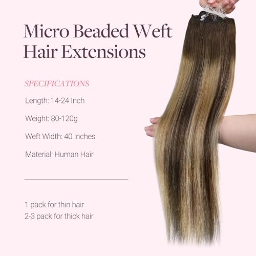 Image of GOO GOO Sew in Hair Extensions Real Human Hair, Micro Beaded Weft Hair Extensions Human Hair, 4 /27 /4 Balayage Chocolate Brown to Caramel Blonde 14 Inch 80g, Natural Volume