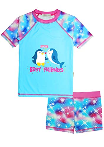 Toddler Girls Two Pieces Penguin and Whale Rash Guards Swimsuit Set Girl Short Sleeve Bathing Suit Sunsuit 7-8 Years