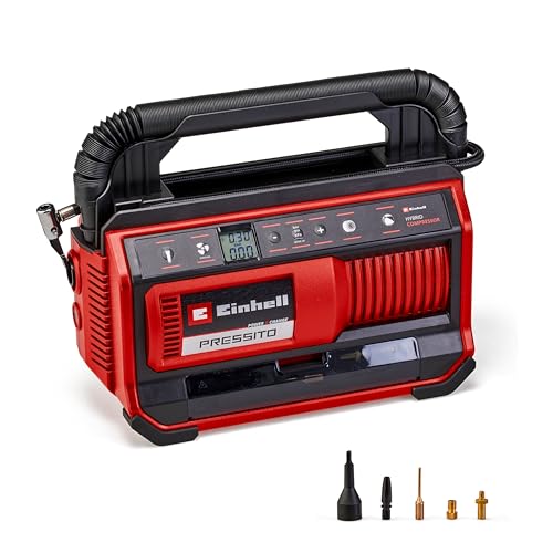 Einhell Compresseur hybride PRESSITO 18/25 Hybrid Power X-Change (18 V, fonctionnement sur réseau ou batterie, 11 bar max., vendu avec kit de 4 adaptateurs et 2 flexibles, sans batterie)