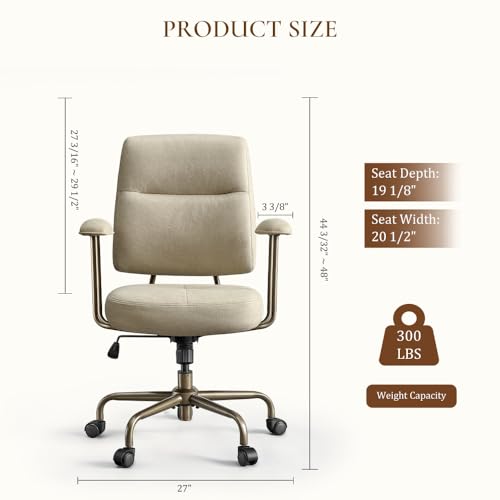 Image of EUREKA ERGONOMIC Becky Home Office Desk Chairs Leather, Comfy Office Chair with Lumbar Support and Arms, Mid-Back, Comfortable Thick Cushion, Mid-Century Modern, Height Adjustable, Off-White