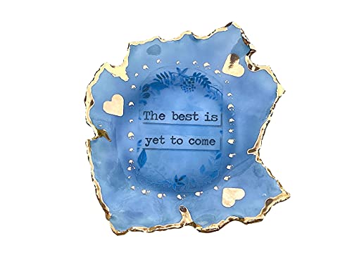 The Best is Yet to Come Blue and Gold Heart Ring Holder with Quote, Handmade Ceramic Jewelry Dish, Unique Gift for Her, Mom, Daughter, Wife, Bride, Sister, Girlfriend, Best Friend