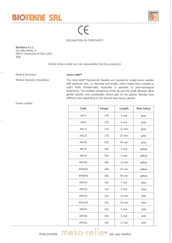 Biotekne - Sklerotherapie-Nadel Filler 32G 0,23x12mm, Meso-relle Hypodermie zum einmaligen Gebrauch, scharf, Packung mit 100 Stück, rosa, 23684