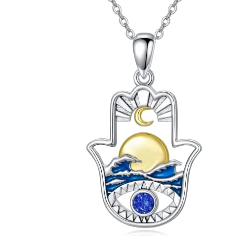PROESS Argent Sterling 925 Hamsa Fatima Collier Oeil d'Horus Collier Sunset Sunrise Collier Blue Eye Pendentif Bijoux pour Femmes Filles