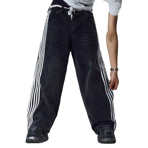 Women Men Track Jeans Side Stripe Low Rise Baggy Wide Leg Boyfriend Denim Pants Trendy Hip Hop Trousers Streetwear