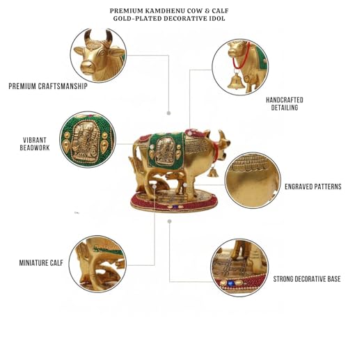 Image of Kalakriti Kamdhenu Cow and Calf Idol with Laddu Gopal| Gold Plated Decorative Statue for Home Temple | Religious Showpiece for Pooja Room |Traditional Hindu Spiritual Decor Gift (15x13x13 cm)