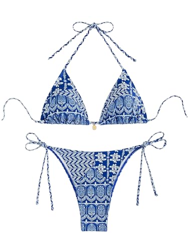 WDIRARA Women's 2 Piece Floral Print Swimsuits Geometric Halter String Triangle Bikini Set Beach Bathing Suit