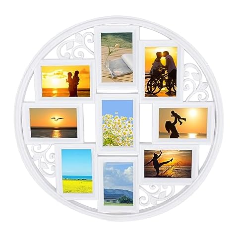 WoShewNu 4x6inch Wall Collage Picture Frames Modern Round Circular Wall hanging Picture Photo Collage Frame with leaf decoration 9 Photos Display 9 Opening(White 23'') Cover