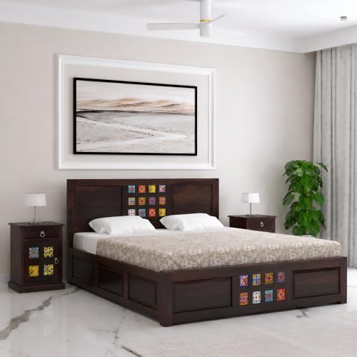 Image of SONA ART & CRAFTS Taurus Solid Sheesham Wood King Size Bed with Storage Box | Bed King Size Cot | Rajasthani Jodhpuri Tile Double Bed with Box for - Walnut Finish (Assembly Included)