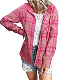 Ezcosplay Women Shacket Flannel Plaid Tops Long Sleeve Plaid Blouse Hood Button Down Casual Shirt Coat