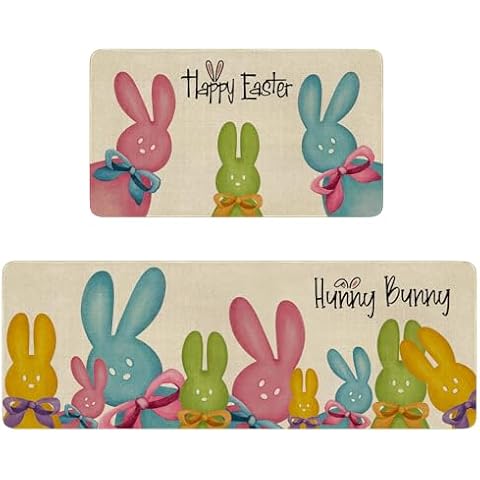 Cute ​Rabbit Happy Easter Kitchen Rugs Set of 2,Colorful Hunny Bunny Kitchen Mats for Floor, Spring Summer Holiday Kitchen Decoration Sink Mats Decor Doormat+Runner Rug Cover