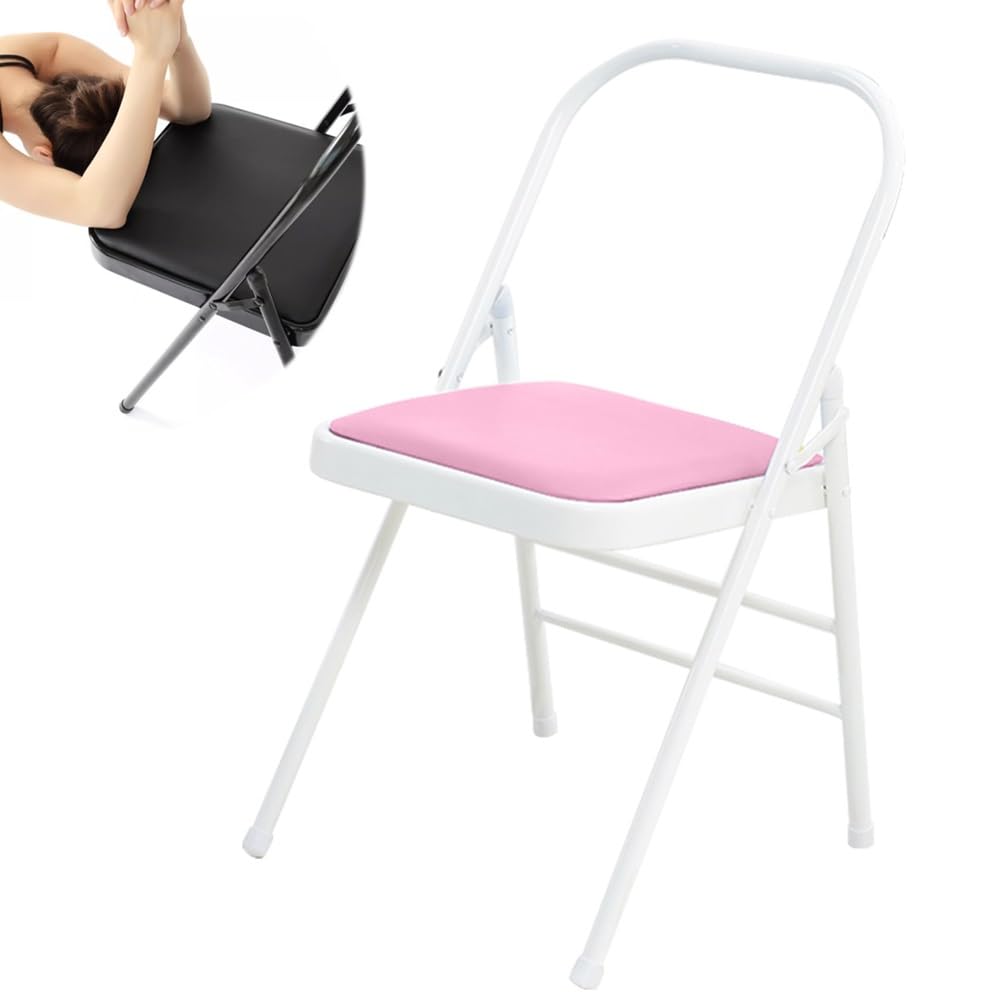 Silla Plegables De Yoga Pilates, Silla Auxiliar Yoga para Hogar, Silla De Yoga Iyengar Plegable, Silla De Yoga De Metal con Respaldo, Cuero PU De Calidad(Pink)