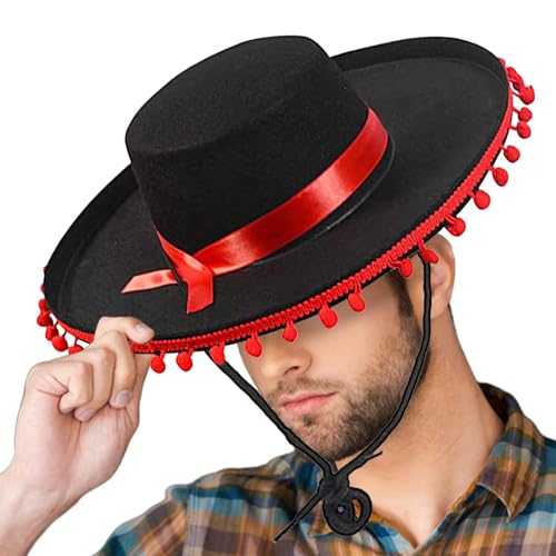 Sombrero mexicano - traje español de ala ancha, sombrero sombrero mexicano con pelota, disfraz de cosplay de flamenco, adecuado para festivales y accesorios de fotografía, adultos, hombres, mujeres y