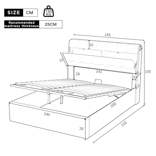 Gxffipw Doppelbett Polsterbett 140x200 cm mit Verdeckter Stauraum am Kopfteil, Hydraulisches Bett mit Stauraum, Jugendbett Stauraumbett Bettgestell mit Lattenrost, PU, Weiß, Ohne Matratze