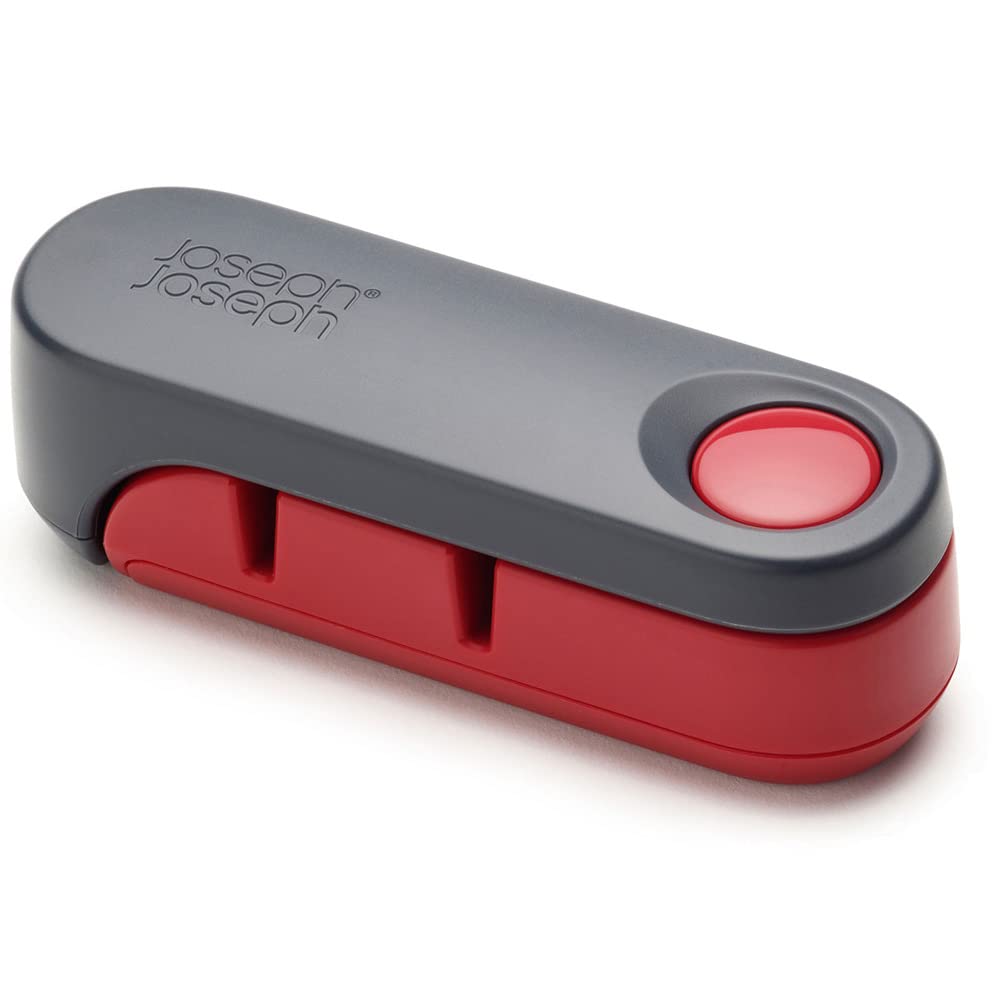 Joseph Joseph Compact 2-Stage Stainless Steel Knife Sharpener and Honer Rota, Dark Grey/Red
