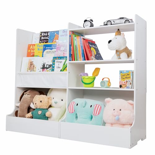 Image of 48.6" Large Solid Wood Kids Bookshelf, 3 Layer Sling Children Bookshelf, Baby Book Shelf With Toy Storage Organizer, Display Shelves, Toddler Bookcase For Kids Room, Library, Nursery, Playroom