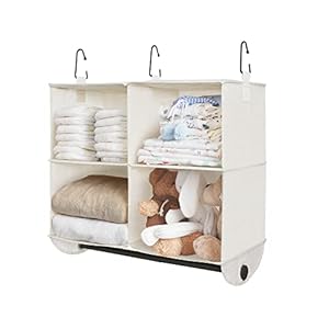 StorageWorks Hanging Closet Organizer with Garment Rod, 4 Section Closet Hanging Shelves, Hanging Clothes Cube Organizer, White & Ivory, 12 ¼” D x 24 ½” W x 28″ H